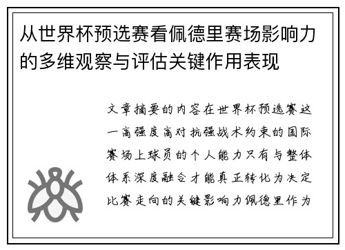 从世界杯预选赛看佩德里赛场影响力的多维观察与评估关键作用表现